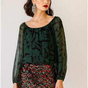 Alice & Olivia 100% Silk Off Shoulder Semi-Sheer Blouse Green/Black Women's L